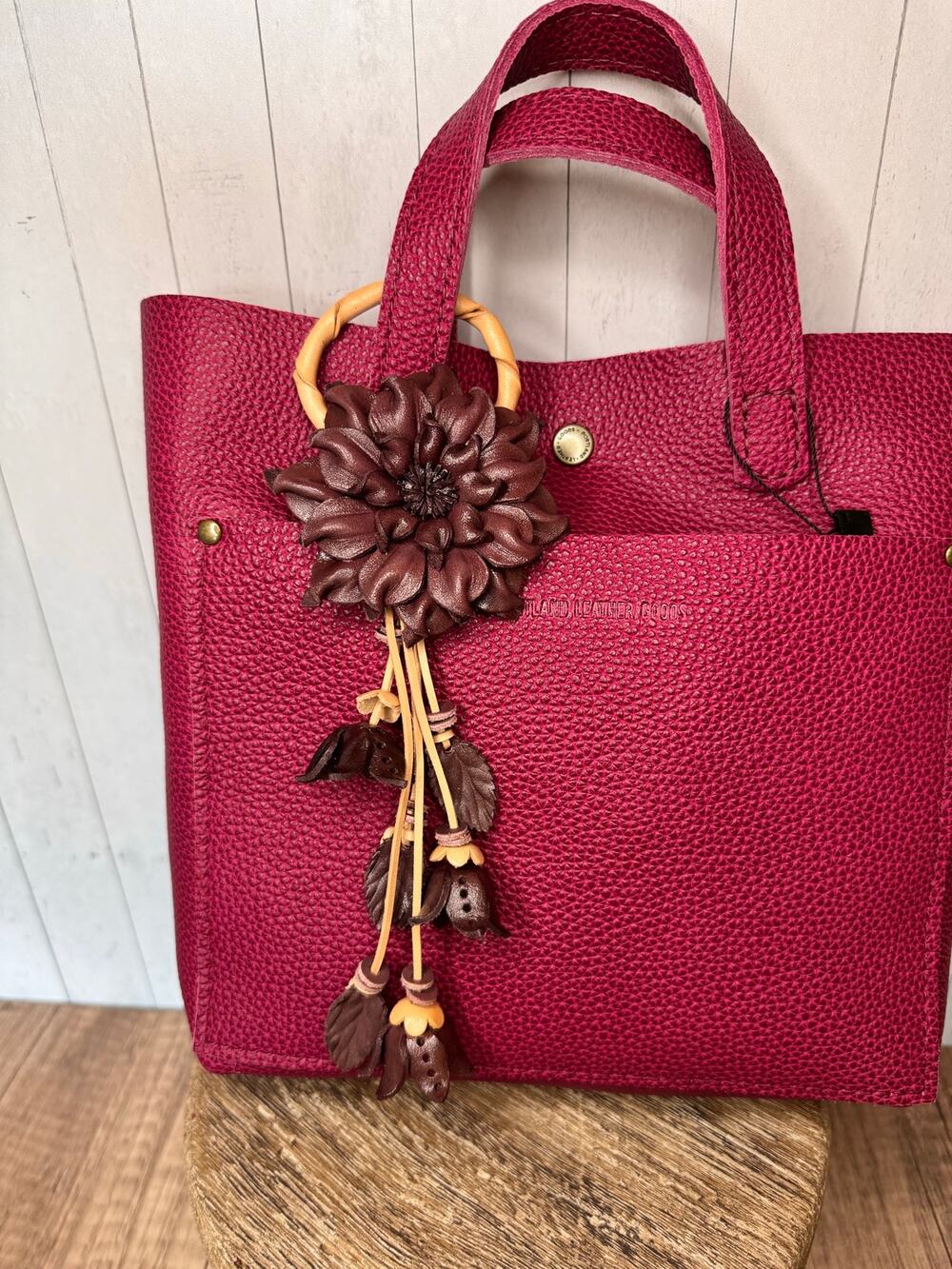 Leather Flower Purse Charm Genuine Leather Eggplant Brown Dahlia Fall Bag Charm